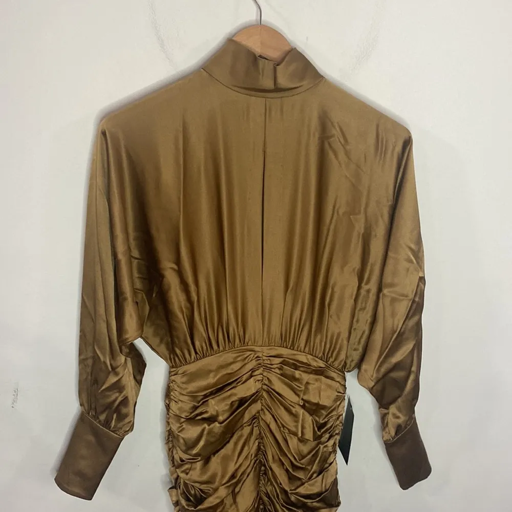 Retrofete Barbara silk ruched mini dress in olive army hue size XS - Image 4