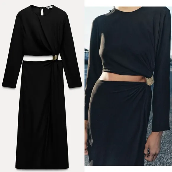 Zara NWT ZW collection black cutout midi dress with gold brooch - Image 2