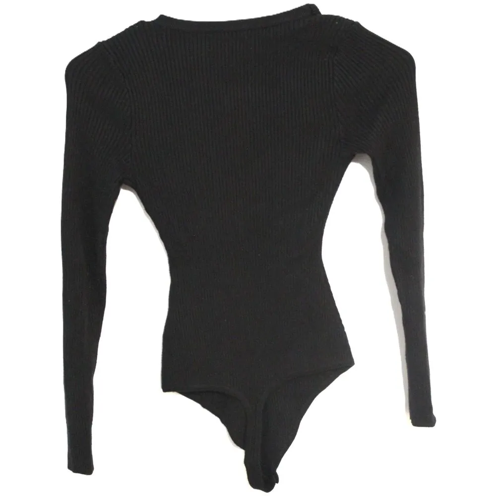 Womens Abercrombie & Fitch Black Ribbed Knit V-Neck Long Sleeve Bodysuit Size XS - Image 2