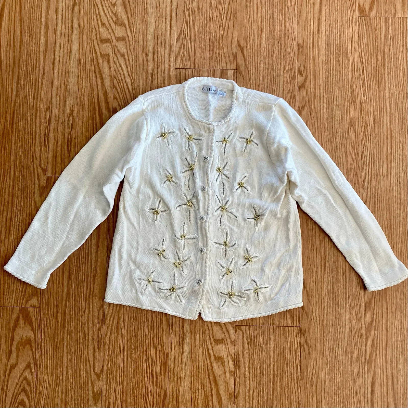 BP Design Vintage Ramie Knit Holly Berry White Sweater Cardigan Womens XLarge Size XL - Image 2