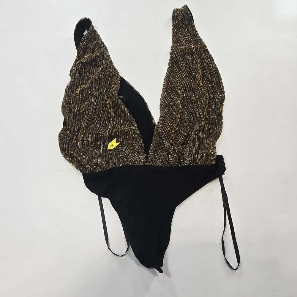 Superdown Niko Deep V Bodysuit in Gold XS - Image 3