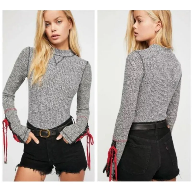 Free People Thermal Sweater Medium Gray Lace Up Sleeves Whimysgoth Cyber Grunge - Image 2