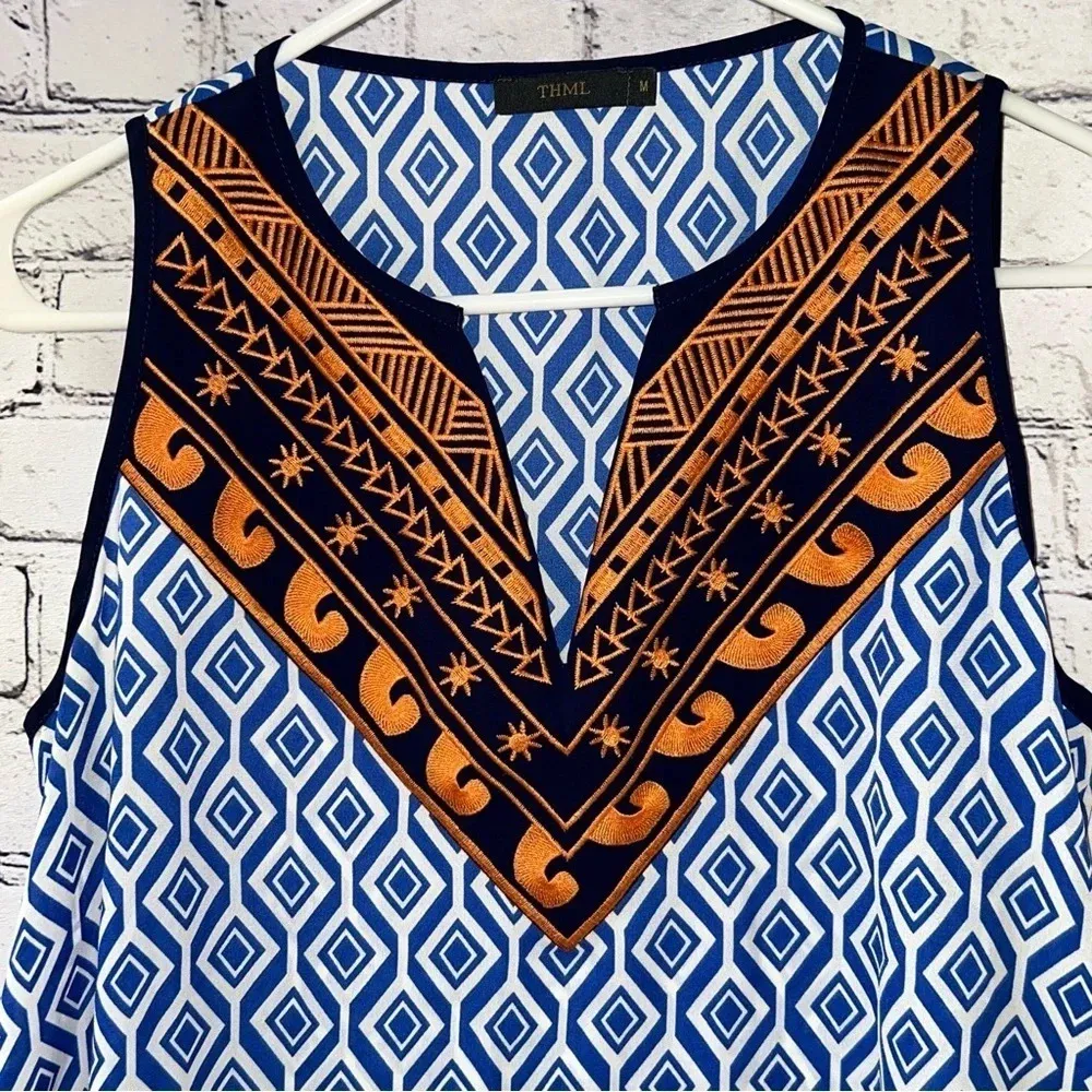 THML Anthropologie Blue Geometric Print Sleeveless Blouse with Embroidery Detail - Image 5