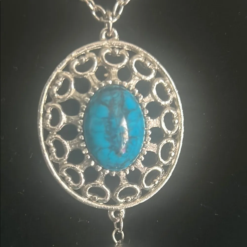 Southwestern Turquoise Dyed Howlite Silver Tone Tassel Filigree Pendant Necklace - Image 3