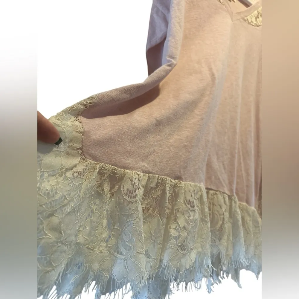 Umgee Womens Lace Boho Tunic Top Pink Cream 3/4 Sleeve V-Neck - Image 4