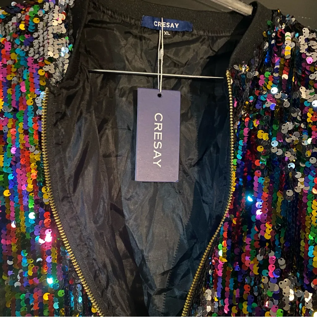 Cresay Vibrant Sequin Bomber Jacket Black Size XL - Image 2