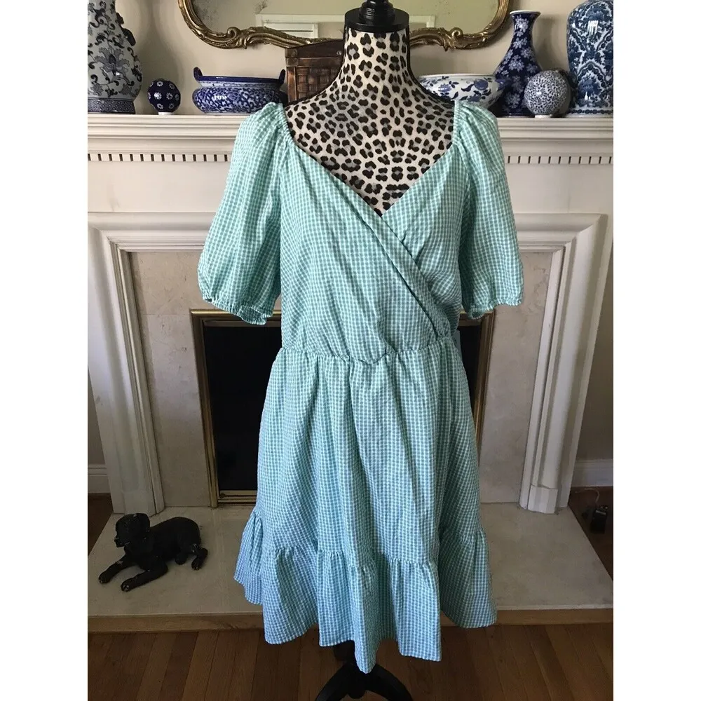 RSVP Puff-Sleeve Surplice Dress mint green & white Gingham Pockets - Image 8