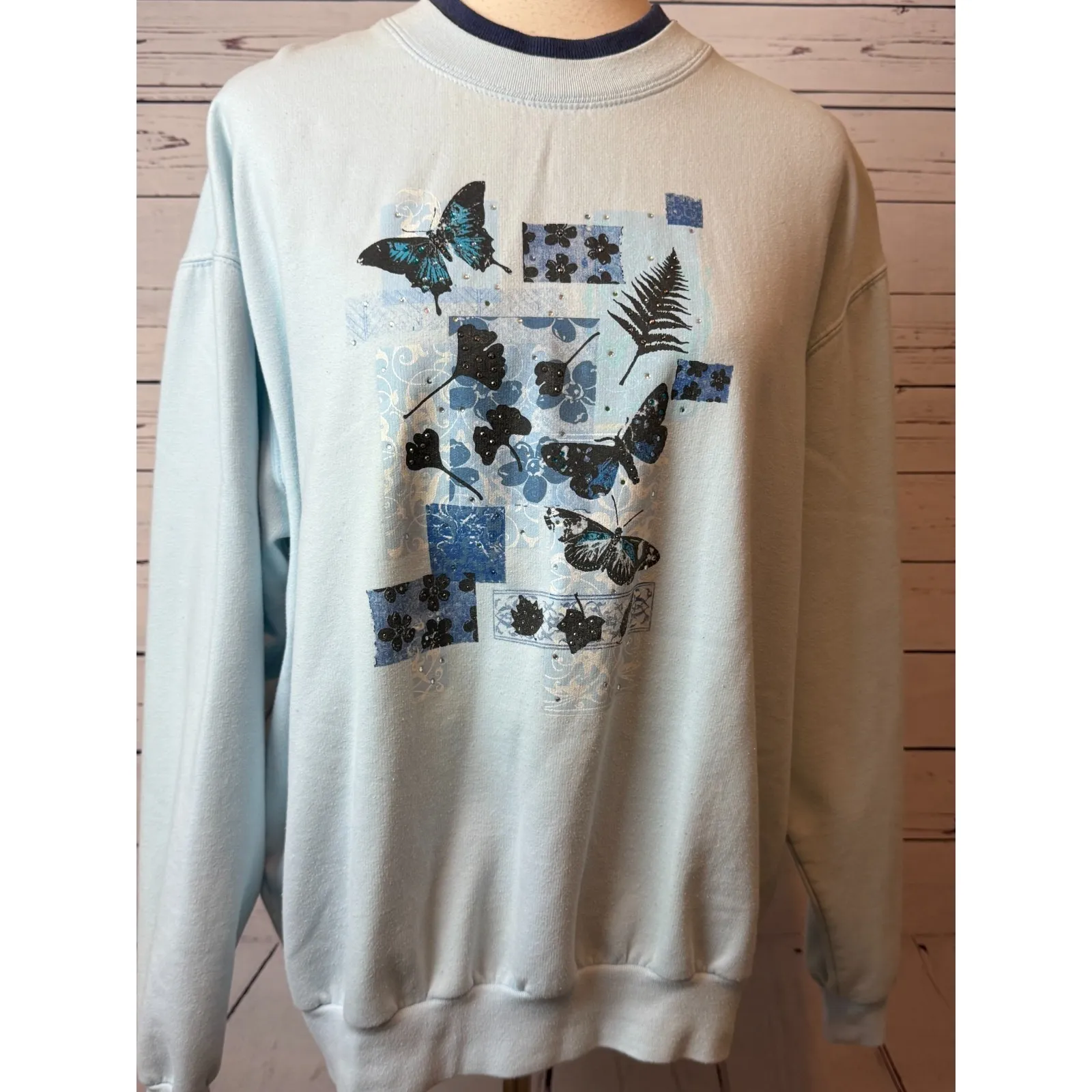 Top Stitch Morning Sun Sweatshirt XL Butterfly Granny Core Vintage cottage Bling Blue - Image 10