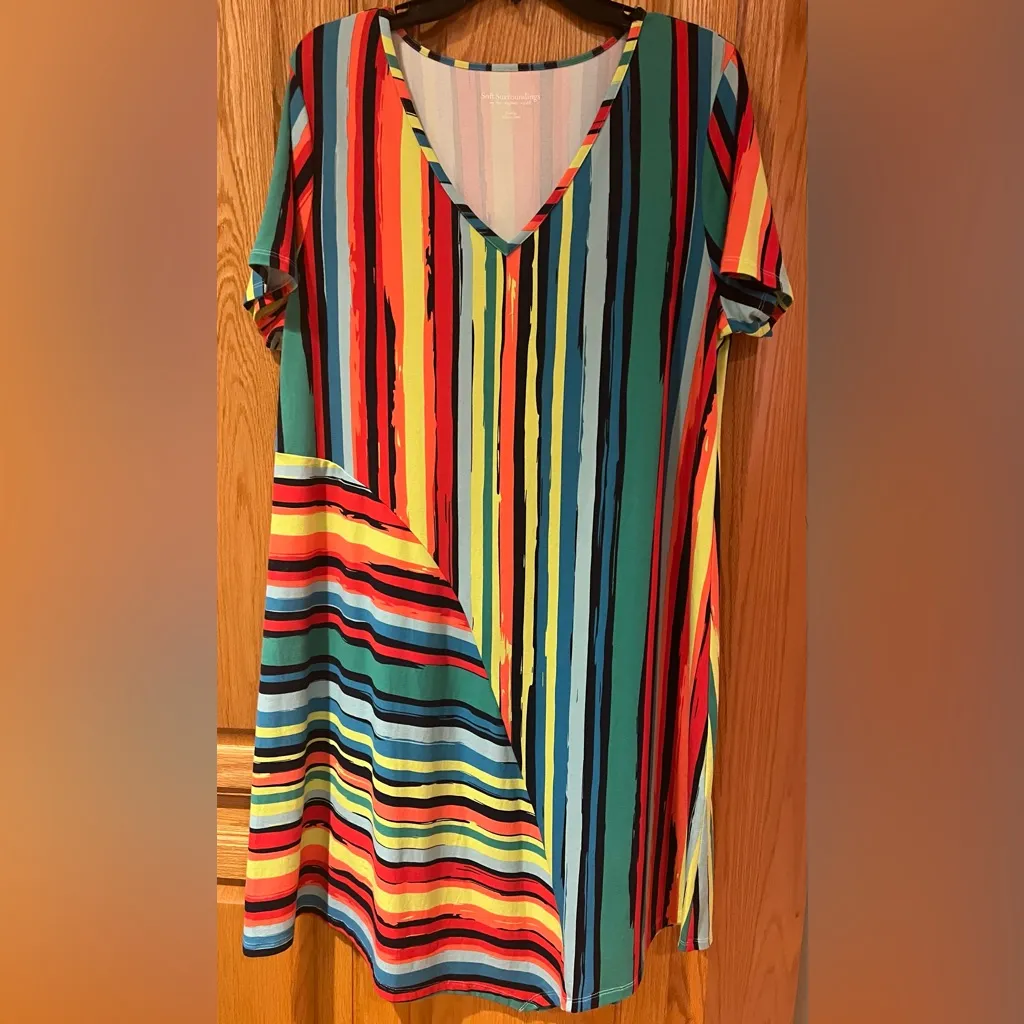 SOFT SURROUNDINGS Happy Place Tropics Multi Stripe Asymmetrical Cruise Dress XL - Image 4