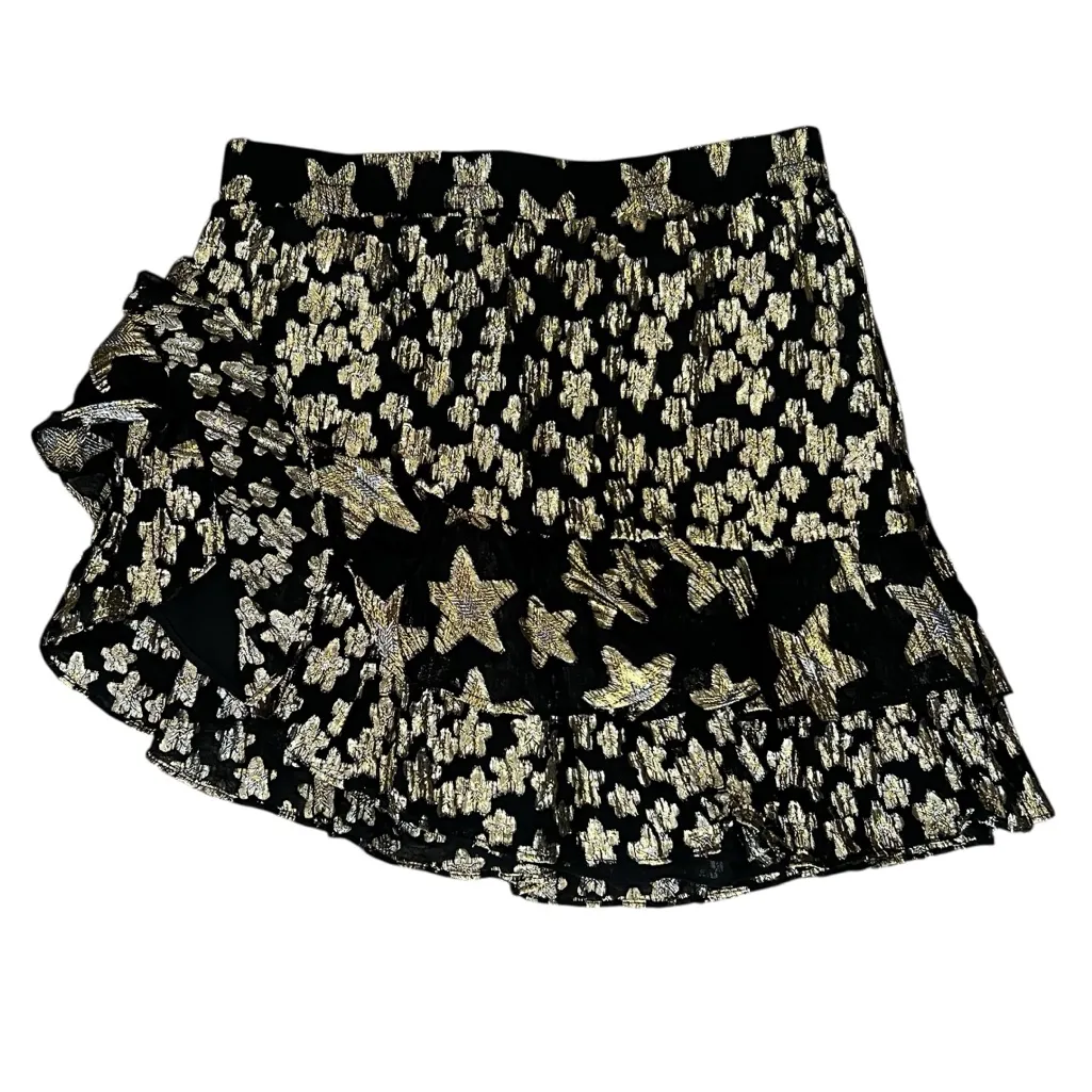 LoveShackFancy Women’s Seniya Black Gold Star Tiered Asymmetrical Mini Skirt M - Image 3