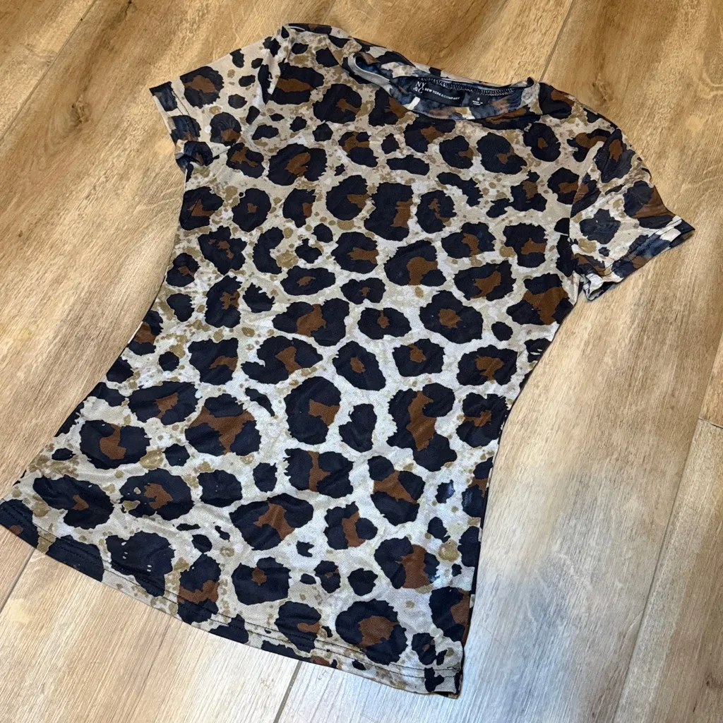 Y2K Spice Girls Short Sleeve Mesh New York and Company Top Size Small Cheetah Brown - Image 2
