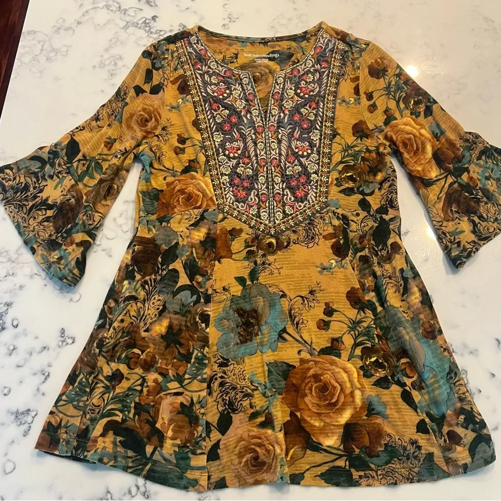 Soft Surroundings Miranda Tunic Top Embroidered Floral Blouse Bohemian PXS - Image 8