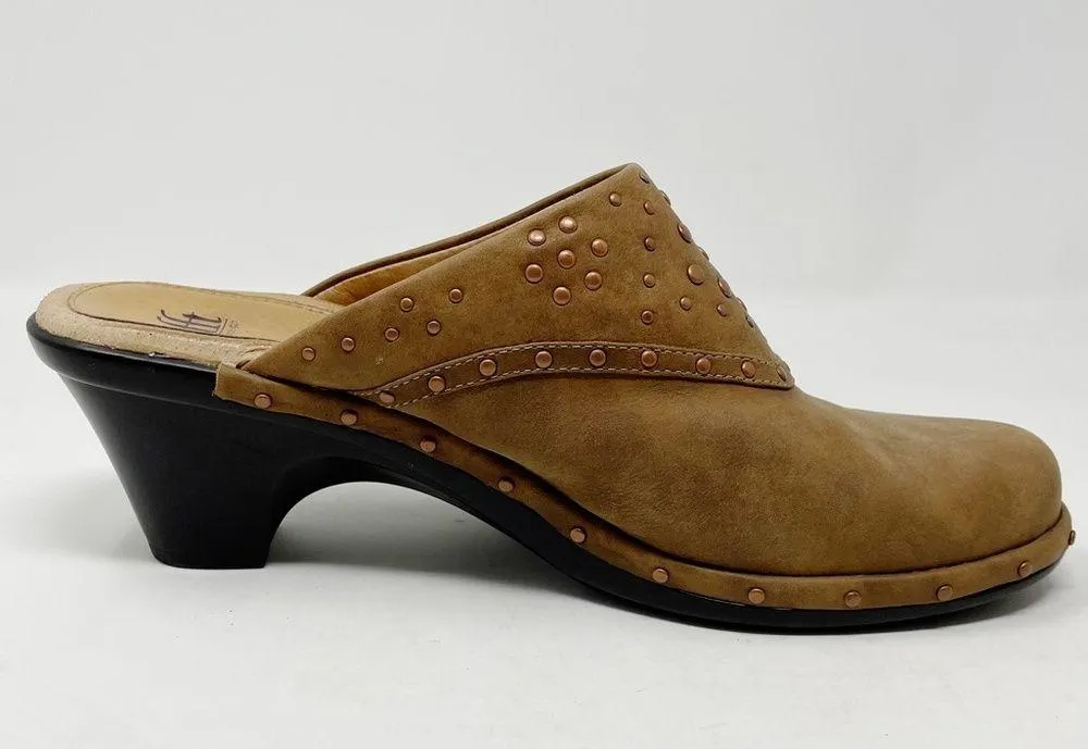 Sofft Tan Suede Nubuck leather copper stud heeled clogs mules neutral womens 9.5 - Image 45