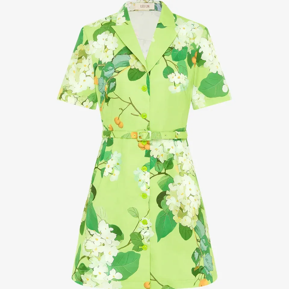 Leo Lin Brigitte Mini Dress Hydrangea Lime Green Belted Cotton Size 6 US NWT - Image 13