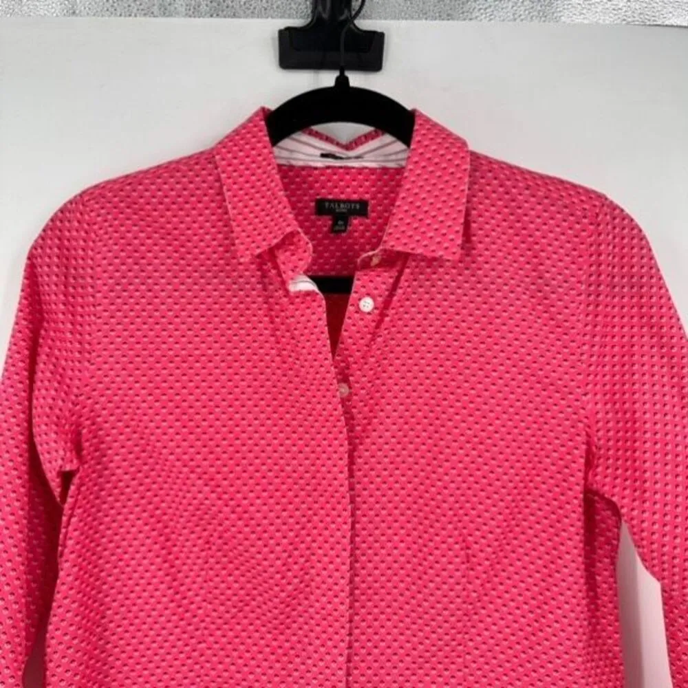Talbots Wrinkle Resistant Top Blouse Button Down Pink Geometric Size 4 pet small - Image 3