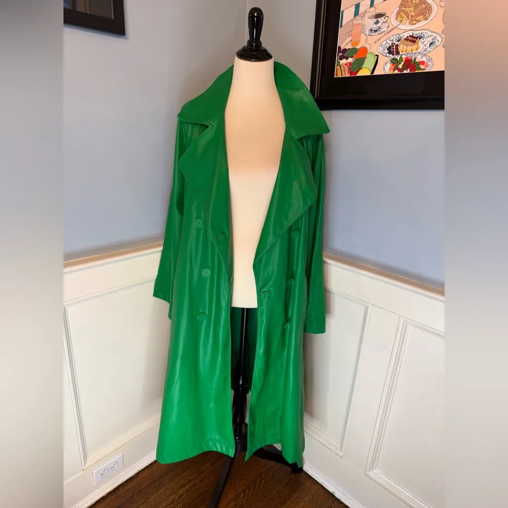 NWT Green Vegan Leather Double Breasted Trench Coat Sz 2X - Image 7