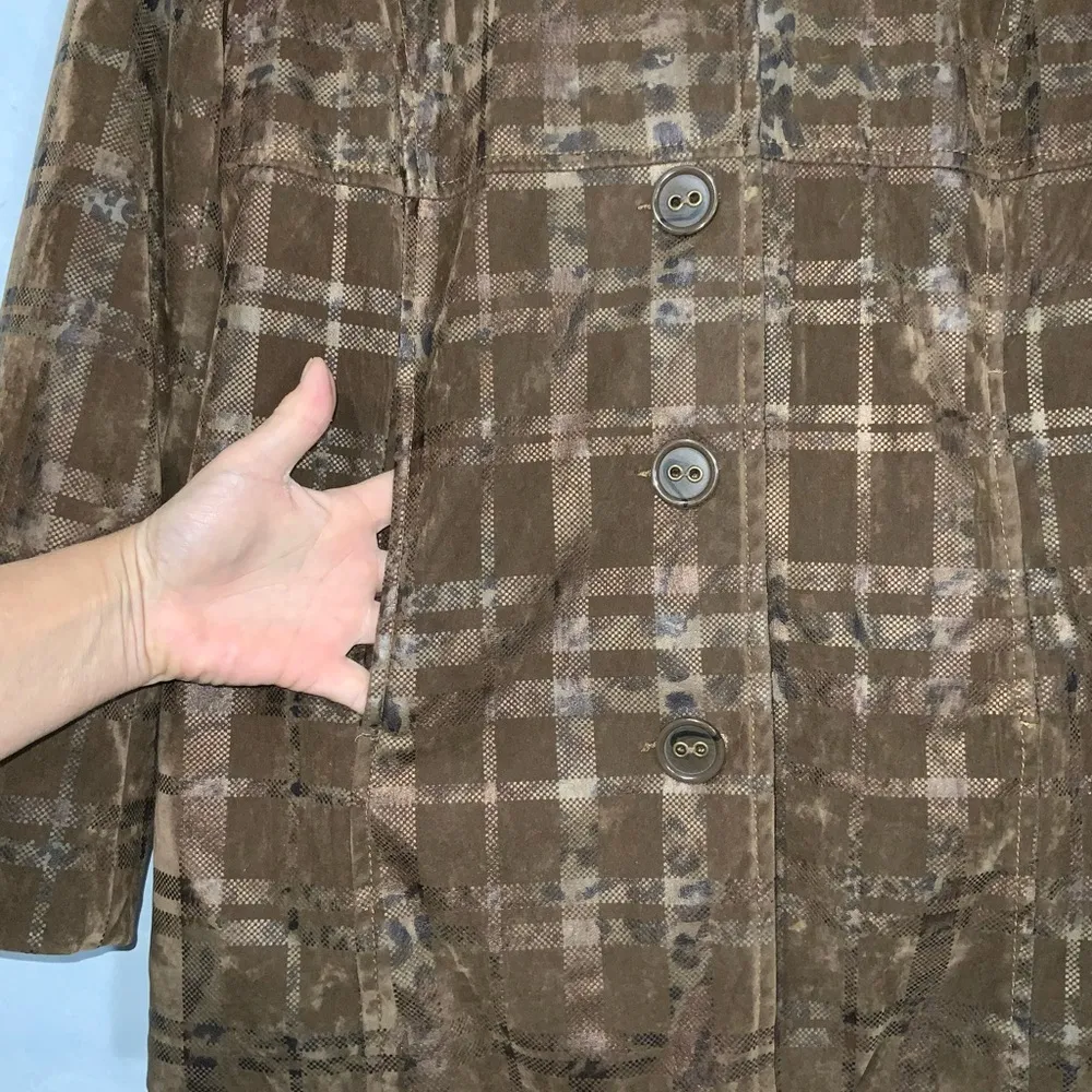 Bamboo Traders Brown Babydoll Animal Print Window Pane Button Front Jacket PM Size undefined - Image 3