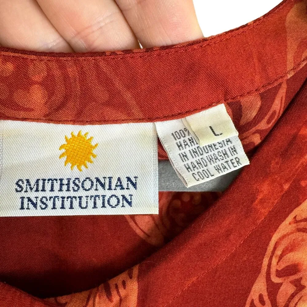 Smithsonian Institution Orange Short Sleeve Pleated Rayon Long Button Up Dress L Size L - Image 6