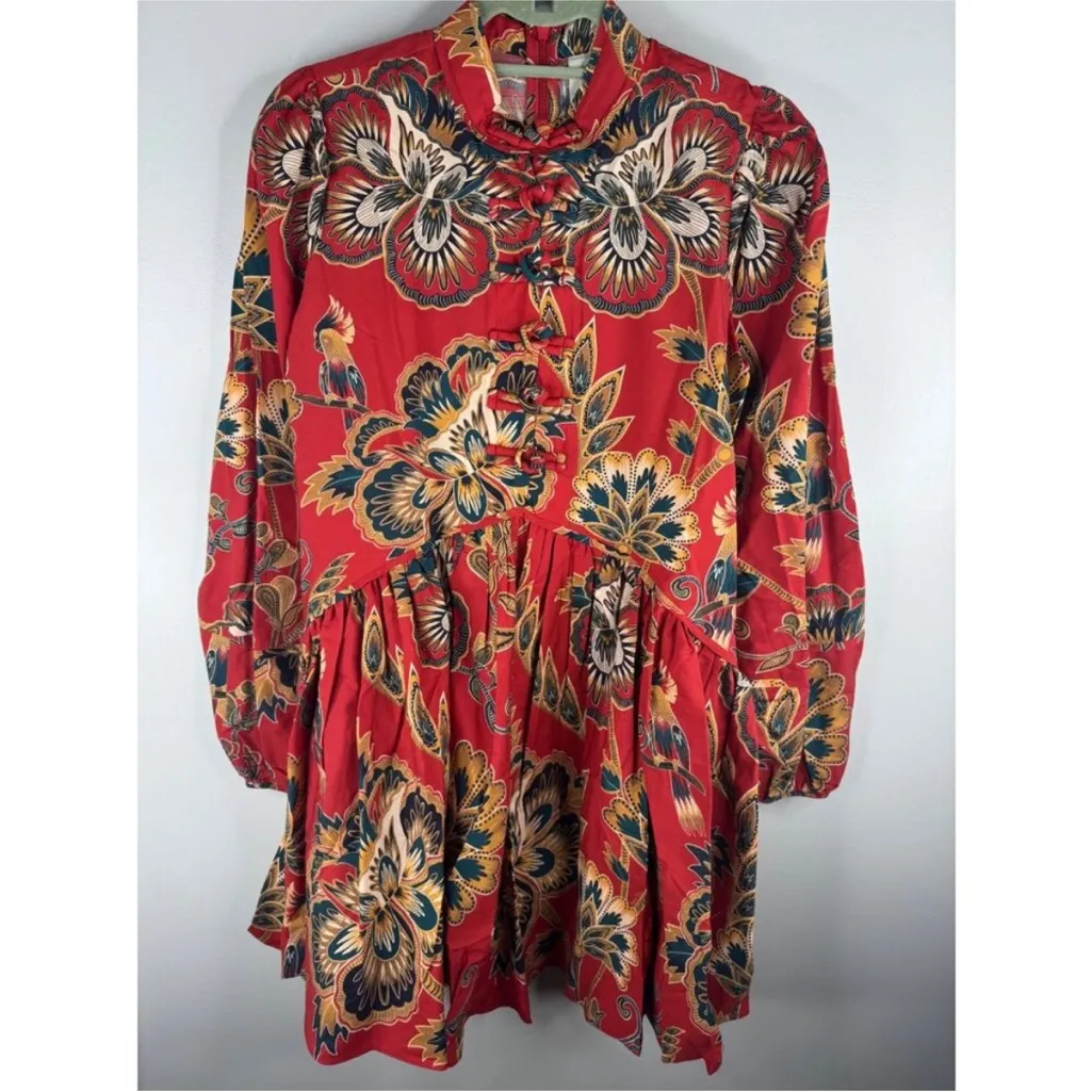 NWT Farm Rio Red Floral Long Sleeve Mini Dress Size XS Bird Tropical - Image 5