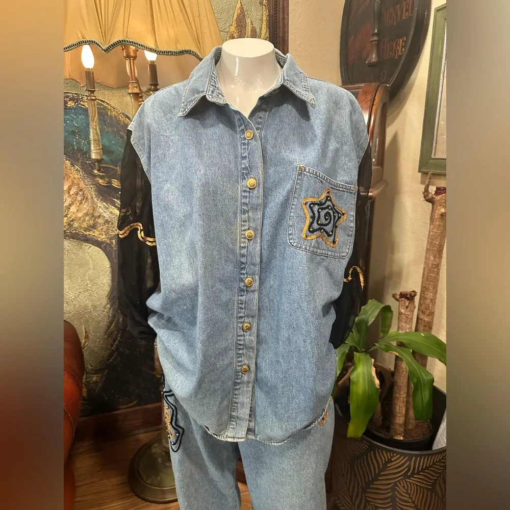 EUC VINTAGE Zana Di  Denim Shirt and Pants Set with Embroidered Patches - Image 3