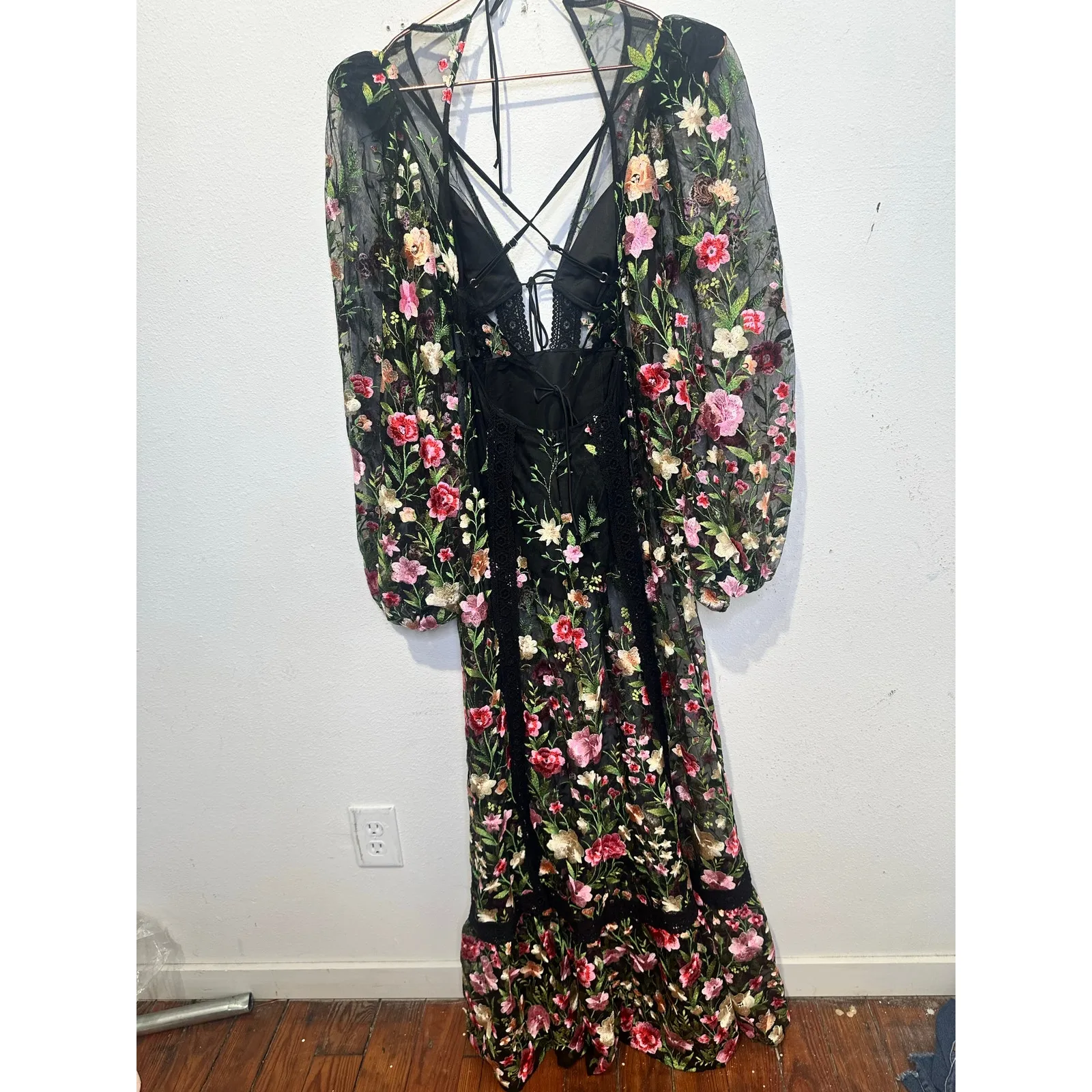 FOR LOVE AND LEMONS Black Pink Luna Embroidered Floral Mesh Maxi Dress sz XXS - Image 6