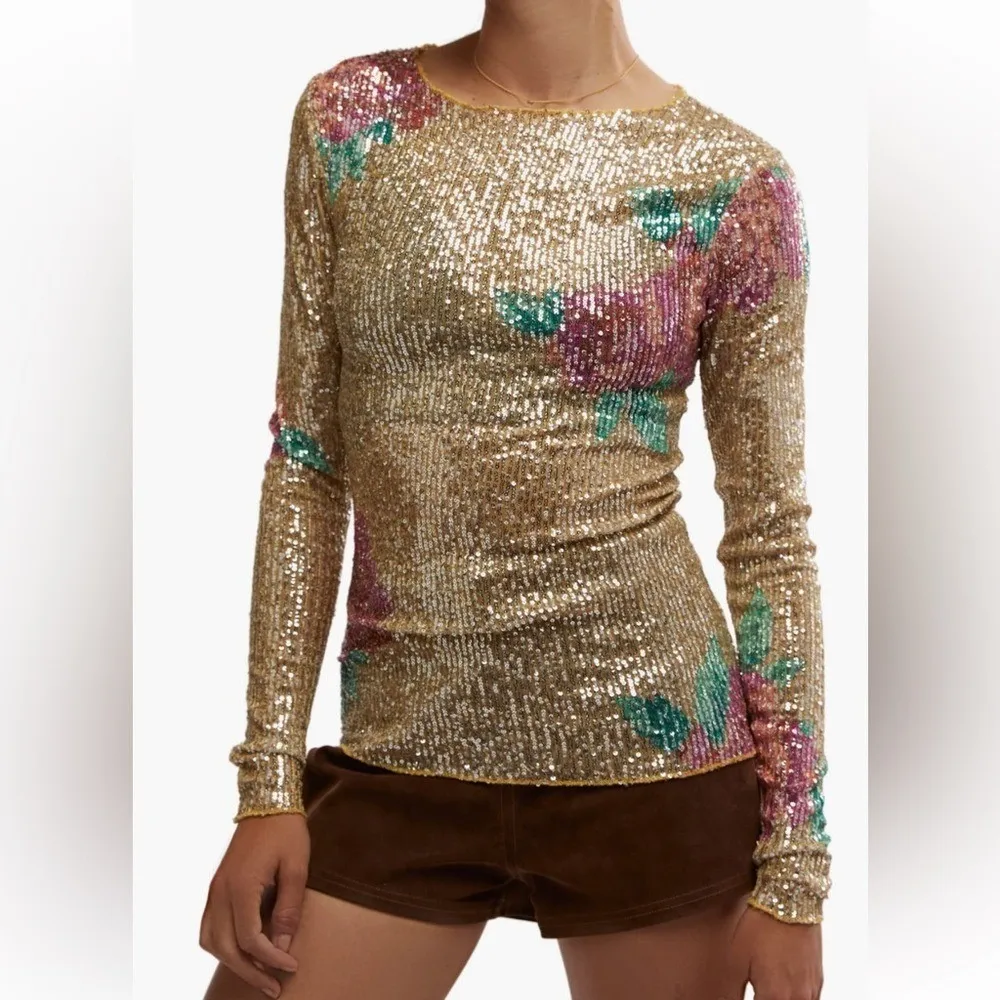 Free People Gold Rush Floral Sequin Top, Champagne/Pink, Medium,‎ NWOT - Image 2