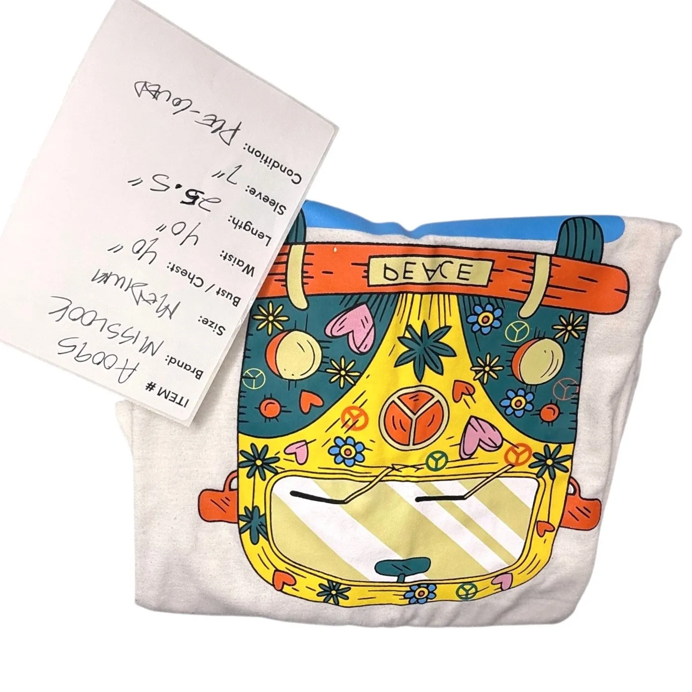 Misslook Peace Hippie Van Beach Bus GRAPHIC TEE Women's MED White V - Image 6