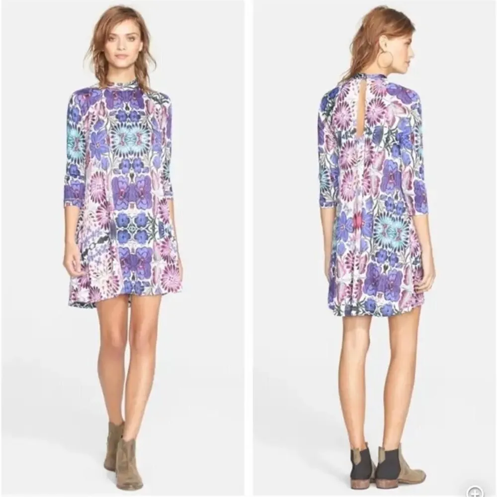 Free People New Romantics Fiesta Trapeze Mini Dress M Purple Floral Stretch - Image 12