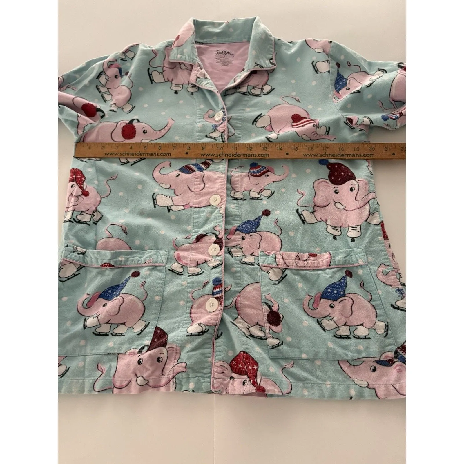 Nick & Nora Pajama Top Size S Blue Pink Elephants Flannel Ice Skating Oversize * - Image 5
