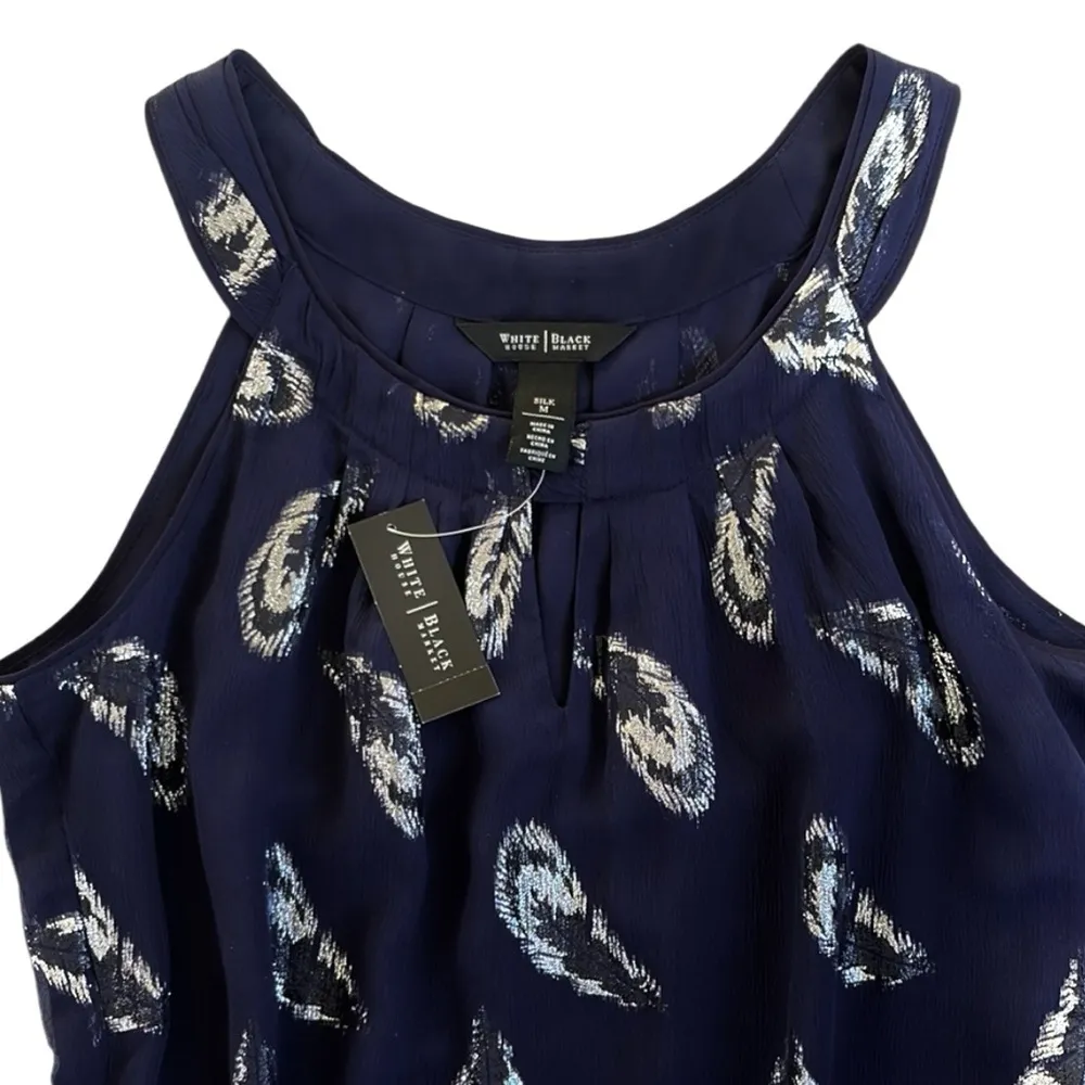 NWT White House Black Market Skyfall Feather Silk Blend Top Navy Silver Medium - Image 2