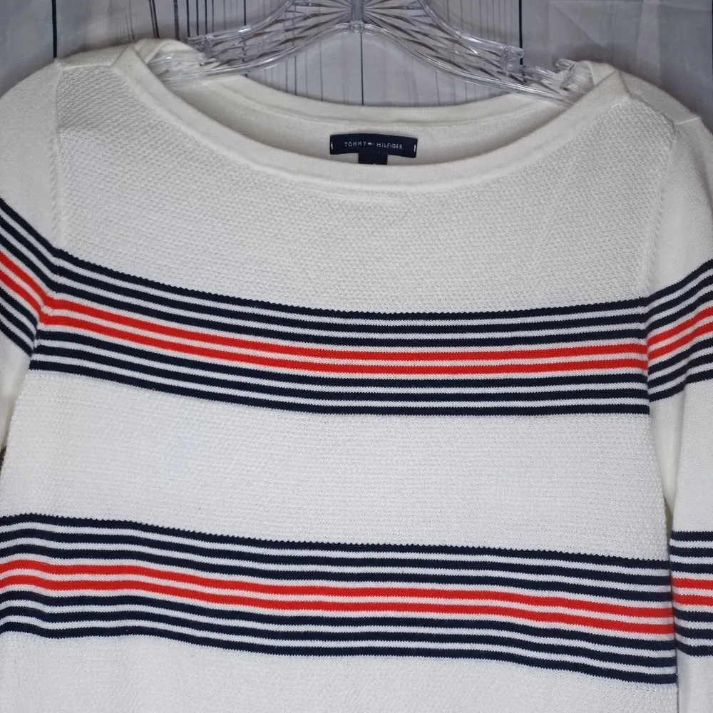 Tommy Hilfiger White Striped Nautical Preppy  Long Sleeve Lightweight Sweater - Image 4