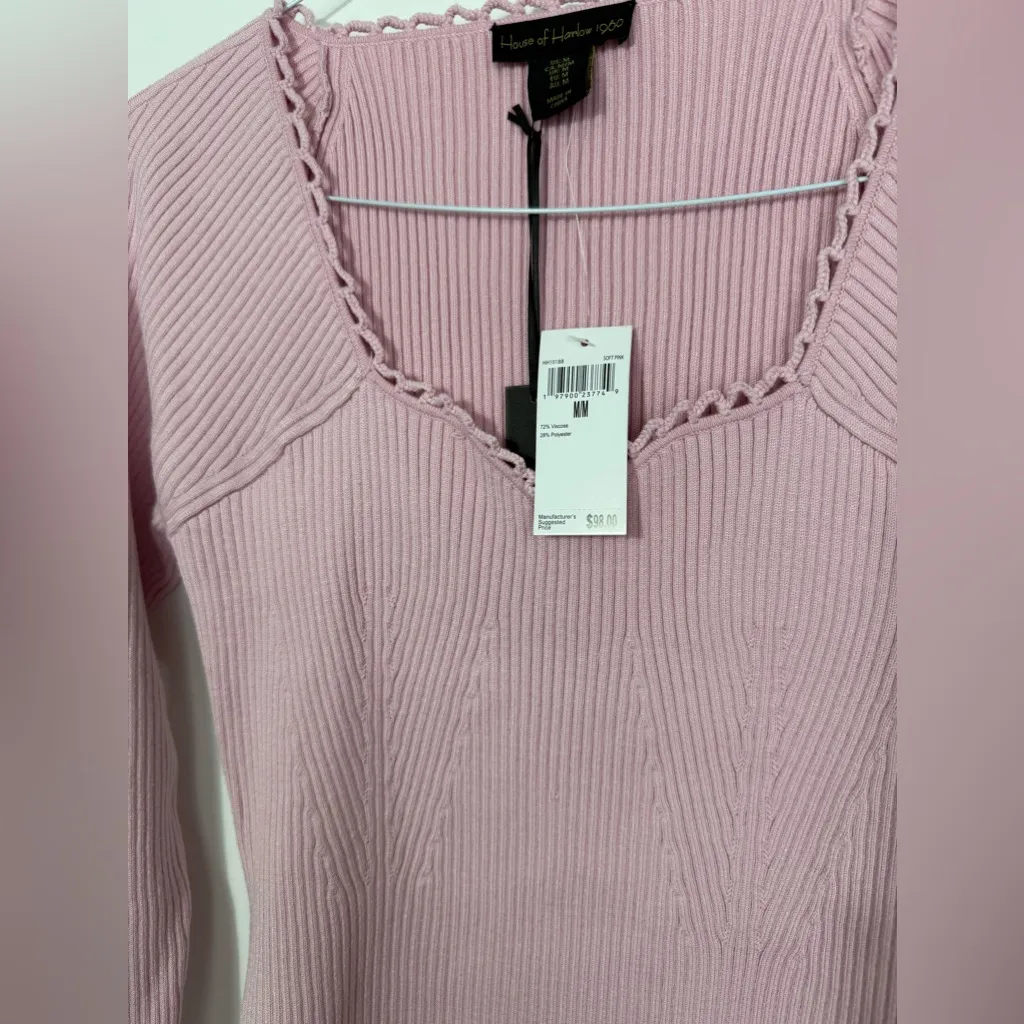House of Harlow Pink Ribbed Sweater with Crochet Detail size medium - Image 12