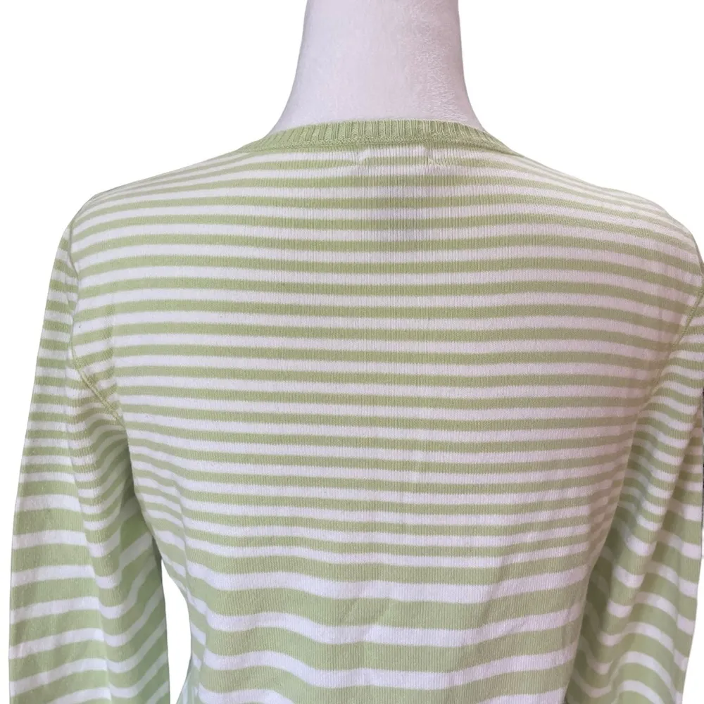 LL Bean Womens V Neck Sweater Green and White Striped Size XS Regular - Image 6