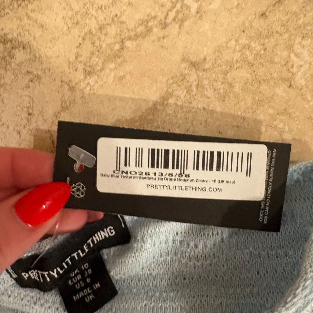 Baby Blue Textured Bandeau Tie Drape Bodycon Dress - Image 7