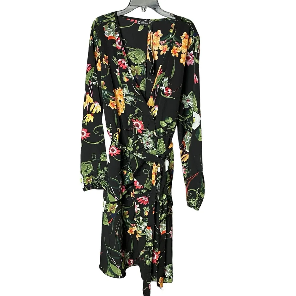 NWT Buguest Wrap Dress XXL Black Floral Long Sleeve Tropical V - Image 2