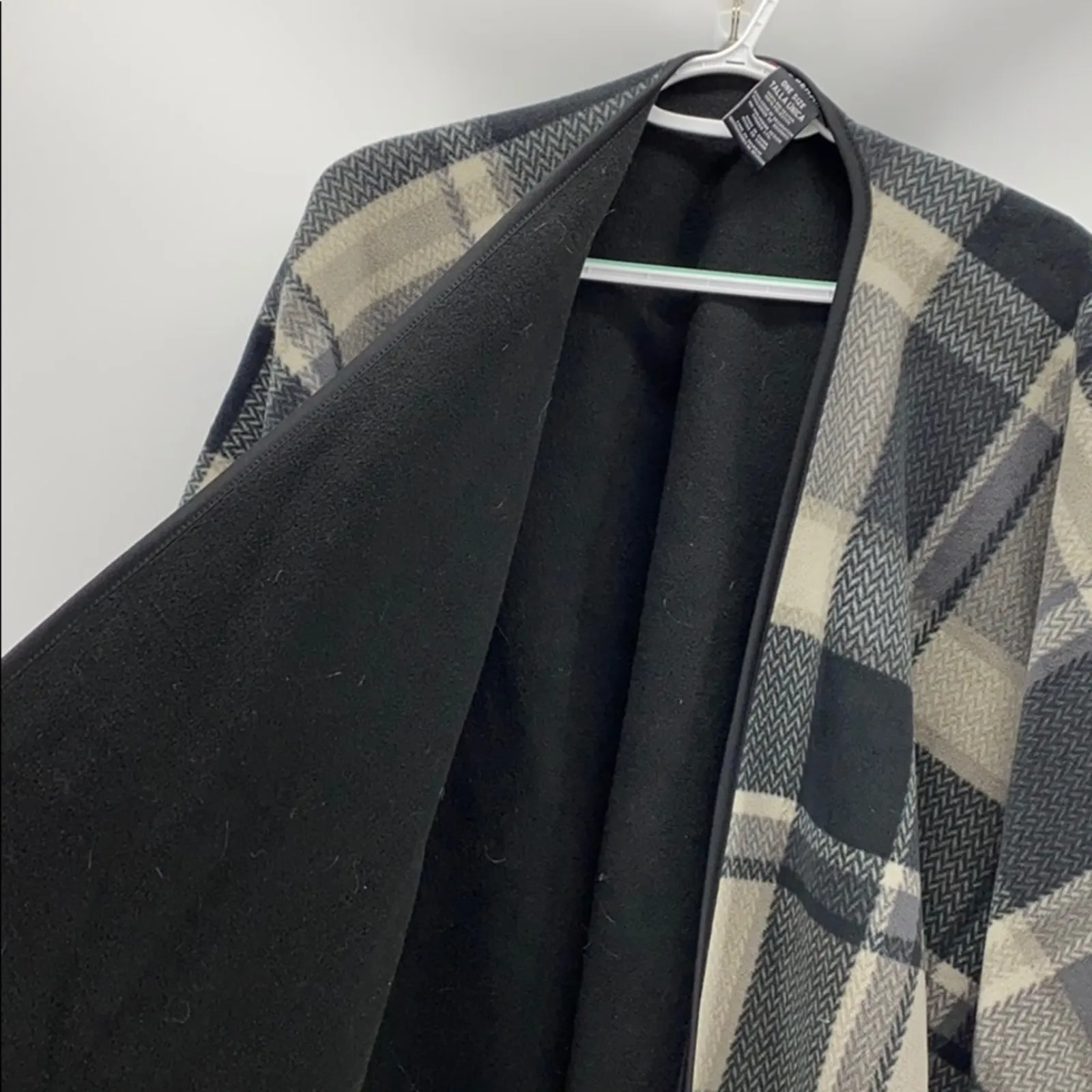 IKE Behar Poncho large plaid print gray black classic chic timeless size OS - Image 3