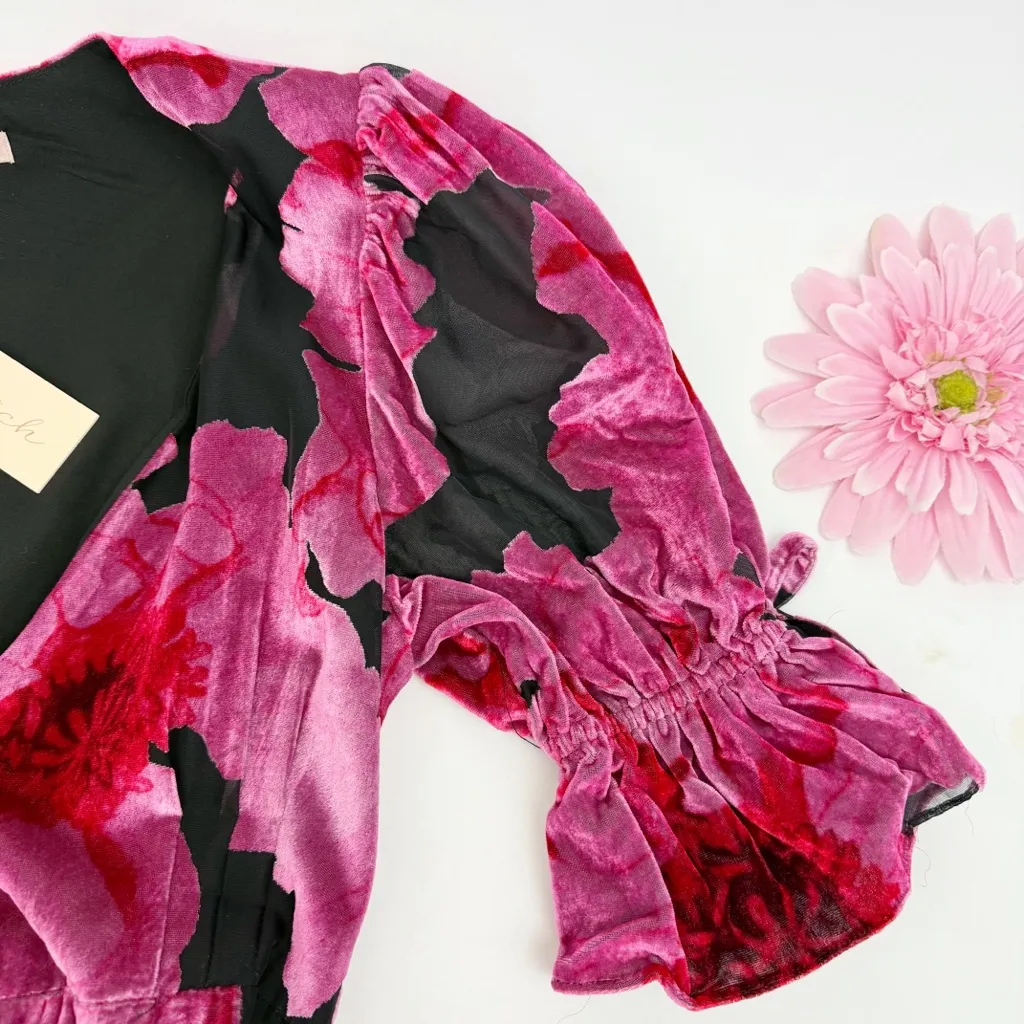 Anthropologie X Hutch Marisol Midi Wrap Dress Floral Pink Velvet Black - Image 9