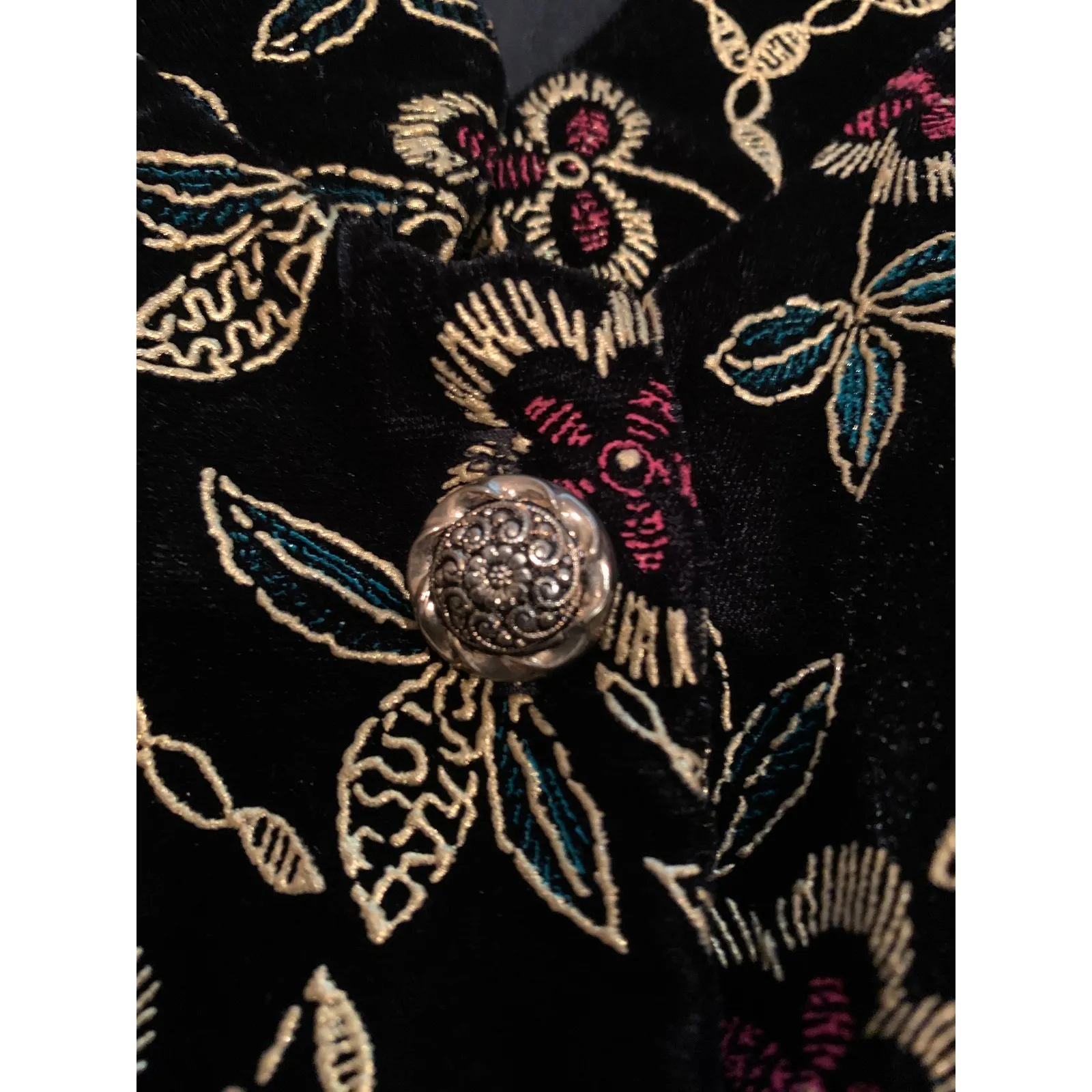 Velvet Blazer Standup Collar Metallic Floral Design Gold Red Sz ?Medium - Image 9