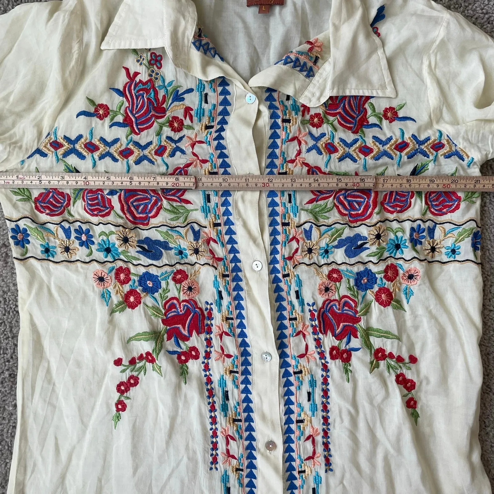 Scully Embroidered Long Sleeve Button Down Top Womens L Cream Size L - Image 4