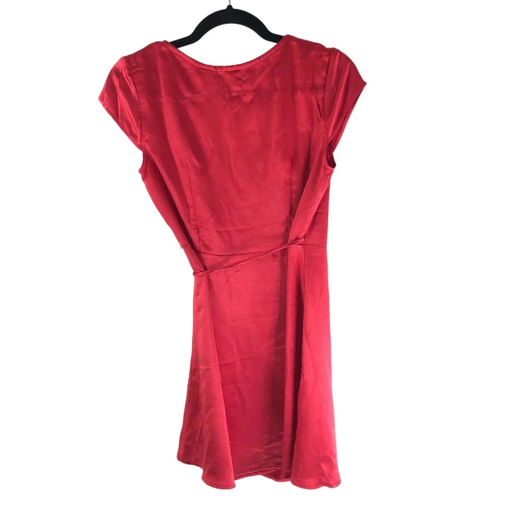 Princess Polly Emily Mini Wrap Dress Satin V Neck Short Sleeve Red 4 - Image 2
