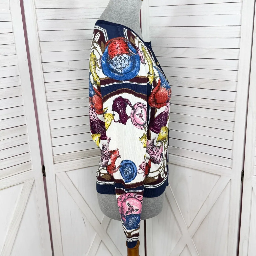 Talbots Tea Party Print Button Up Cardigan Sweater Blue Multi XS - Image 4