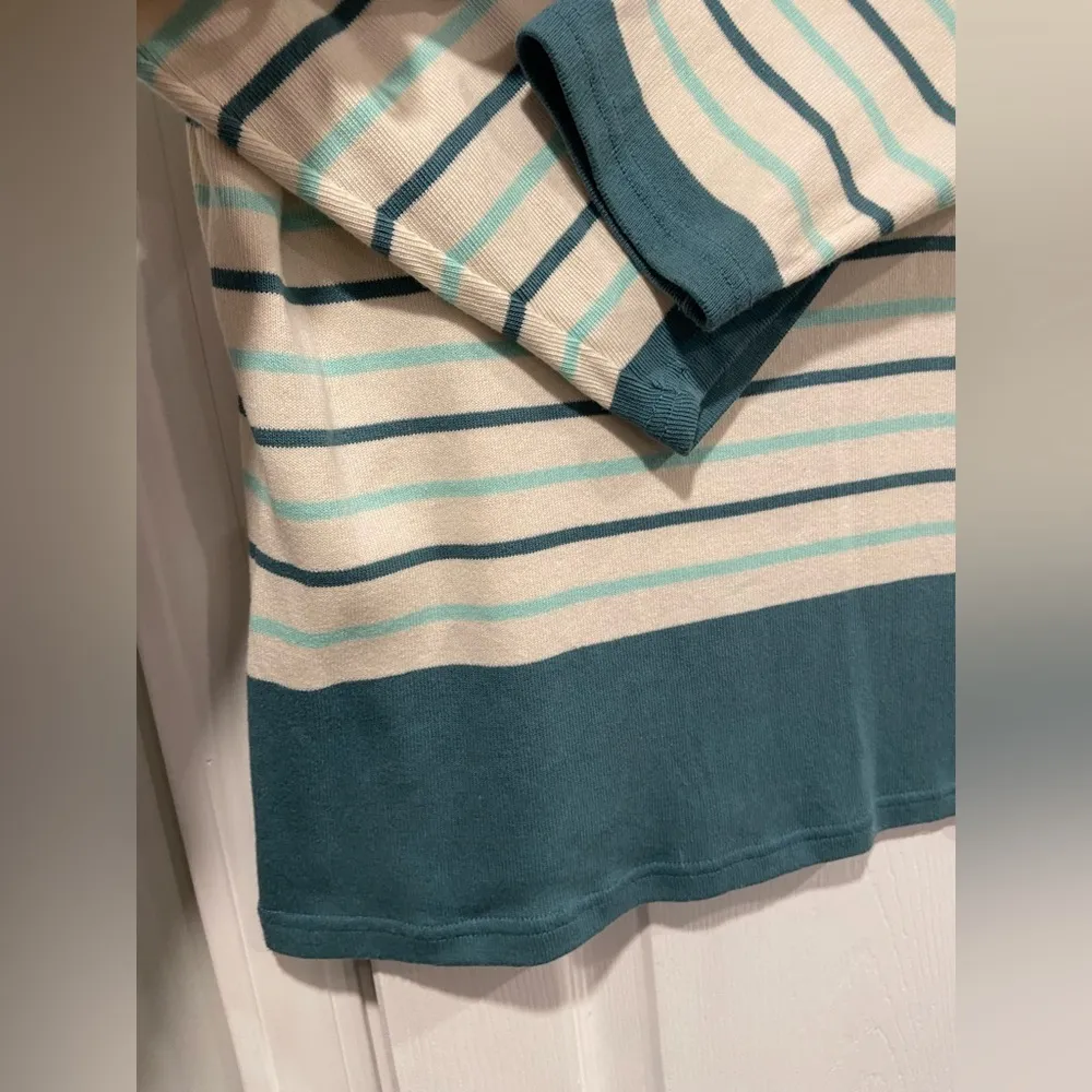 L.L. Bean Size LP Aquamarine Teal Stripe 3/4 Sleeve Knit Heritage Mariner Shirt Green - Image 5
