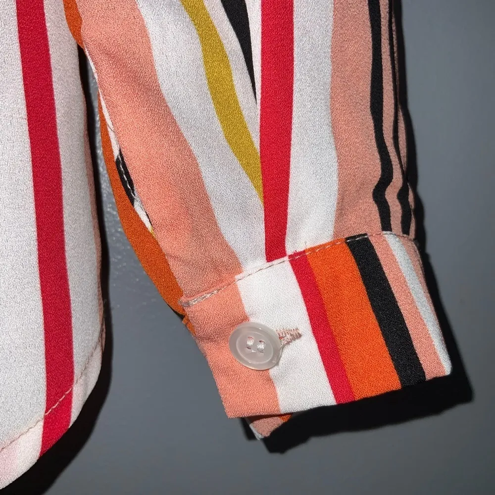 Esqualo Orange Multicolor Stripe Tie Front Tab Sleeves Button Front Blouse Sz 8 - Image 8