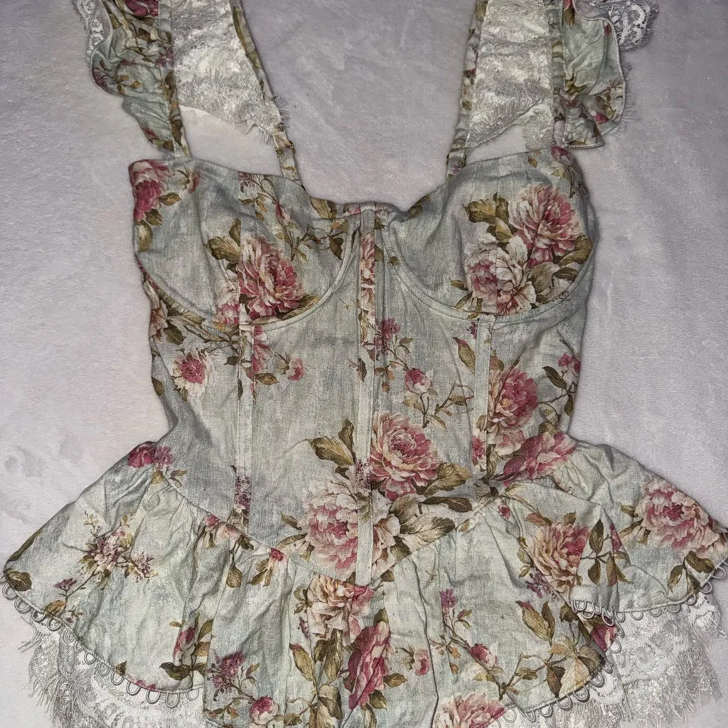 V. Chapman Sorrento Bustier corset floral lace ruffle blouse top Size 4 - Image 2