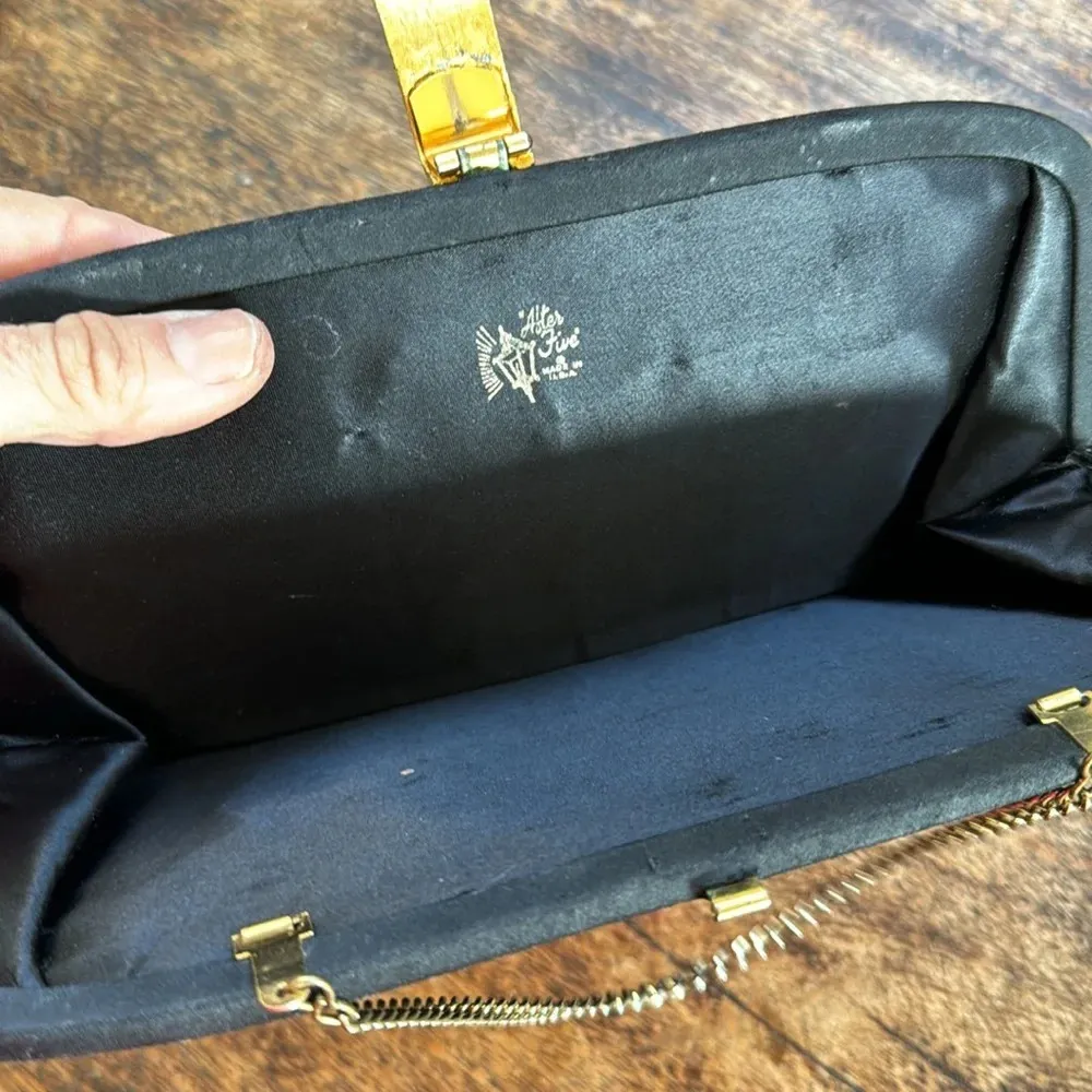 After Five Vintage Black Satin Cocktail Clutch Purse gold w/ turquoise hardware - Image 4