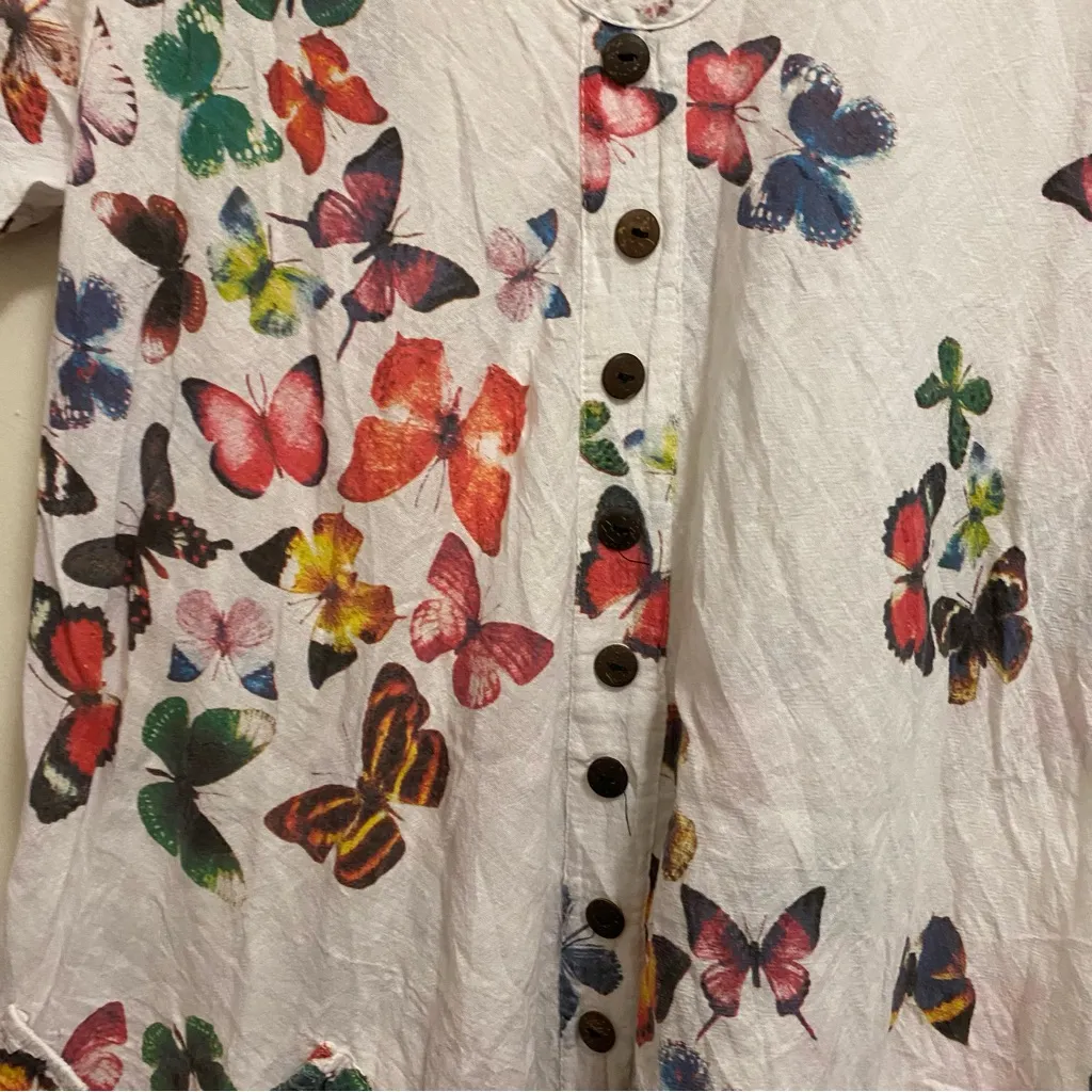 Vtg Womens White Cotton Smocked Tunic Top Or Mini Dress XL Butterflies Butterfly - Image 3