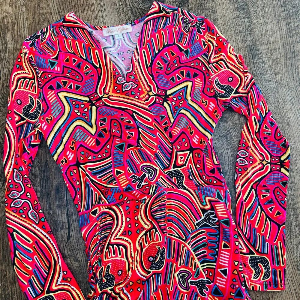 Mara Hoffman Dress All Over Tribal Print Bold Colorful V-Neck Stetchy Small - Image 2