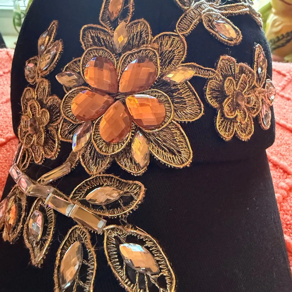 Embellished Black Cap with Floral Design w/ rhinestones. - Image 2