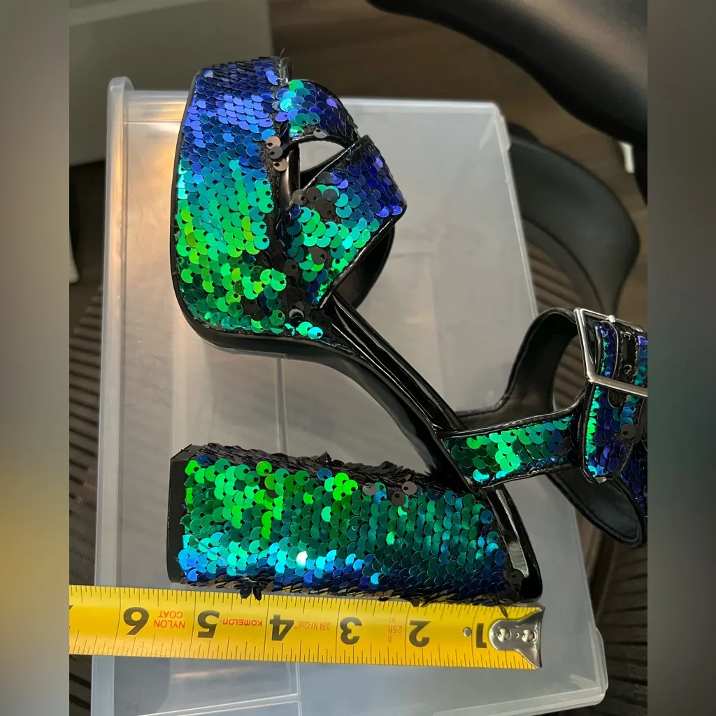 ASOS  Sequin Platform Sandals - Green and Blue - Image 8