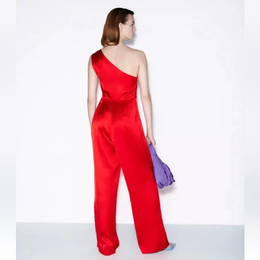 Elegant ZARA ASYMMETRIC LONG  RED SATIN One-Shoulder Jumpsuit XS - Image 3